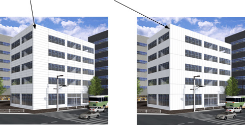 【図2】ALC横張（左）とALC縦張（右）の建物外観イメージ