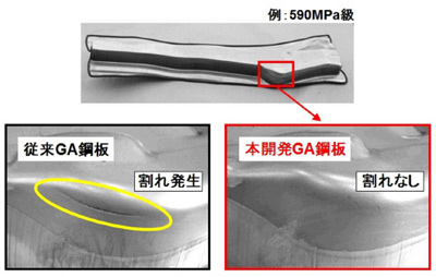 【写真】　従来GA鋼板と本開発GA鋼板のプレス成形品 (リアサイドメンバー部品)