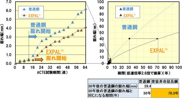 【図2】腐食試験によるC-5塗装系の塗膜膨れの長期予測結果